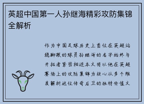 英超中国第一人孙继海精彩攻防集锦全解析