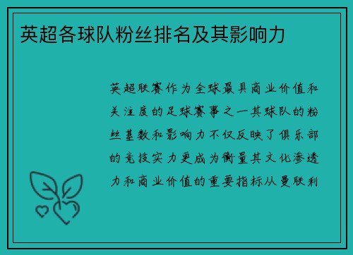 英超各球队粉丝排名及其影响力