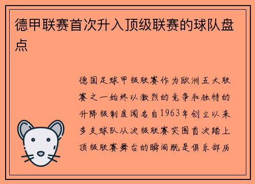 德甲联赛首次升入顶级联赛的球队盘点