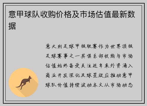 意甲球队收购价格及市场估值最新数据